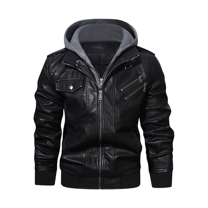 HOOD CREW Men's Faux Leather Coat with Detachable Hood – Casual Fashion