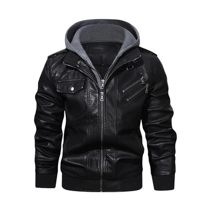HOOD CREW Men's Faux Leather Coat with Detachable Hood – Casual Fashion