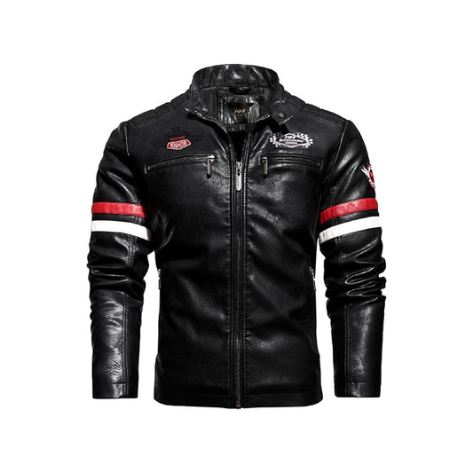 Men's Vegan Leather Biker Jacket – Faux Fur, Bicycle Embroidery, Casual Fashion