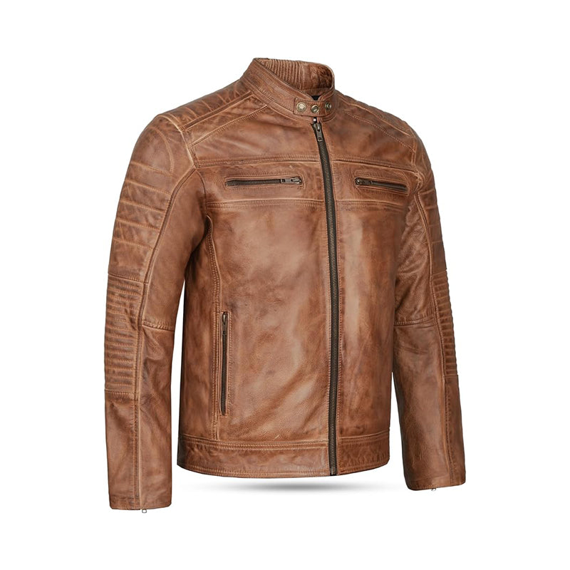 Leatherick Men's Distressed Brown Genuine Leather Biker Jacket – Vintage Retro Style