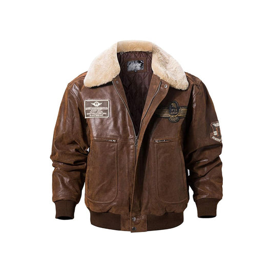 Men's Genuine Leather Bomber Jacket – Removable Fur Collar