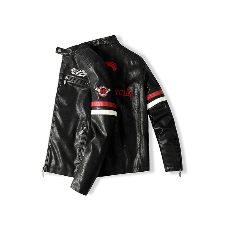 Men's Vegan Leather Biker Jacket – Faux Fur, Bicycle Embroidery, Casual Fashion