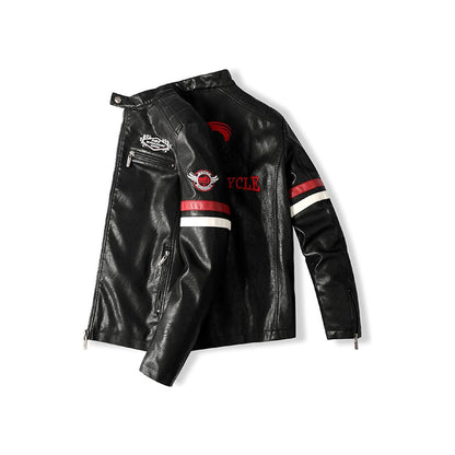 Men's Vegan Leather Biker Jacket – Faux Fur, Bicycle Embroidery, Casual Fashion