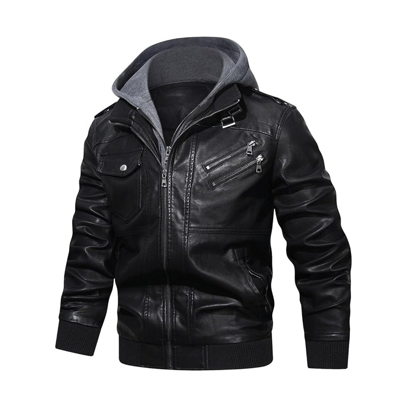 HOOD CREW Men's Faux Leather Coat with Detachable Hood – Casual Fashion