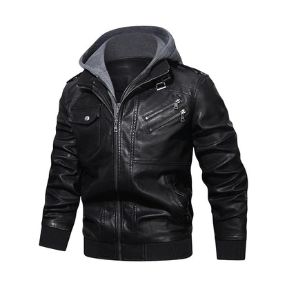 HOOD CREW Men's Faux Leather Coat with Detachable Hood – Casual Fashion