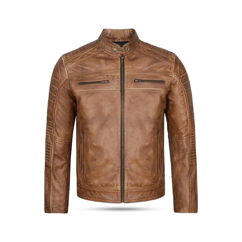 Leatherick Men's Distressed Brown Genuine Leather Biker Jacket – Vintage Retro Style