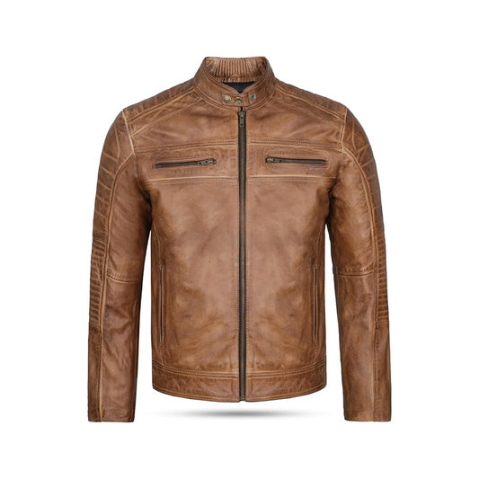 Leatherick Men's Distressed Brown Genuine Leather Biker Jacket – Vintage Retro Style