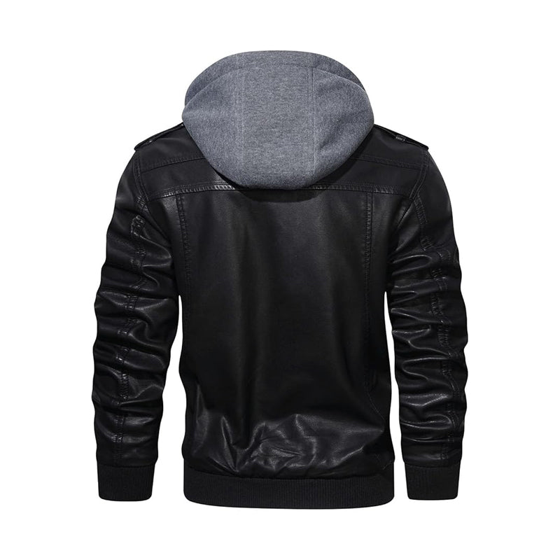 HOOD CREW Men's Faux Leather Coat with Detachable Hood – Casual Fashion