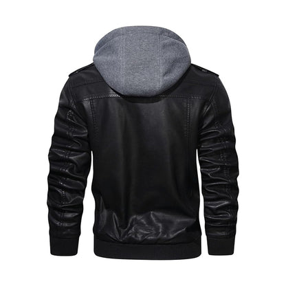 HOOD CREW Men's Faux Leather Coat with Detachable Hood – Casual Fashion