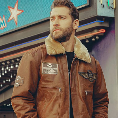 Men's Genuine Leather Bomber Jacket – Removable Fur Collar