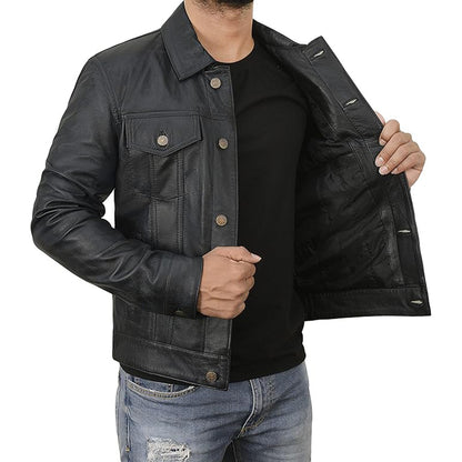 LP-FACON Men's Vintage Brown Leather Biker Jacket – Handmade Café Racer Style