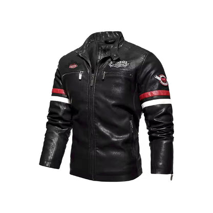 Men's Vegan Leather Biker Jacket – Faux Fur, Bicycle Embroidery, Casual Fashion