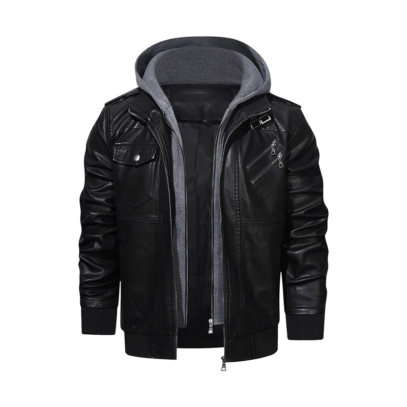 HOOD CREW Men's Faux Leather Coat with Detachable Hood – Casual Fashion