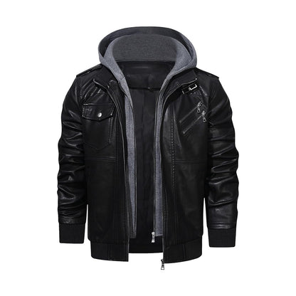 HOOD CREW Men's Faux Leather Coat with Detachable Hood – Casual Fashion
