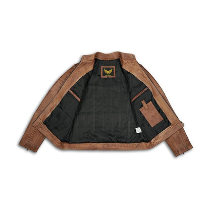Leatherick Men's Distressed Brown Genuine Leather Biker Jacket – Vintage Retro Style