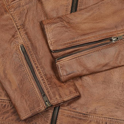 Leatherick Men's Distressed Brown Genuine Leather Biker Jacket – Vintage Retro Style