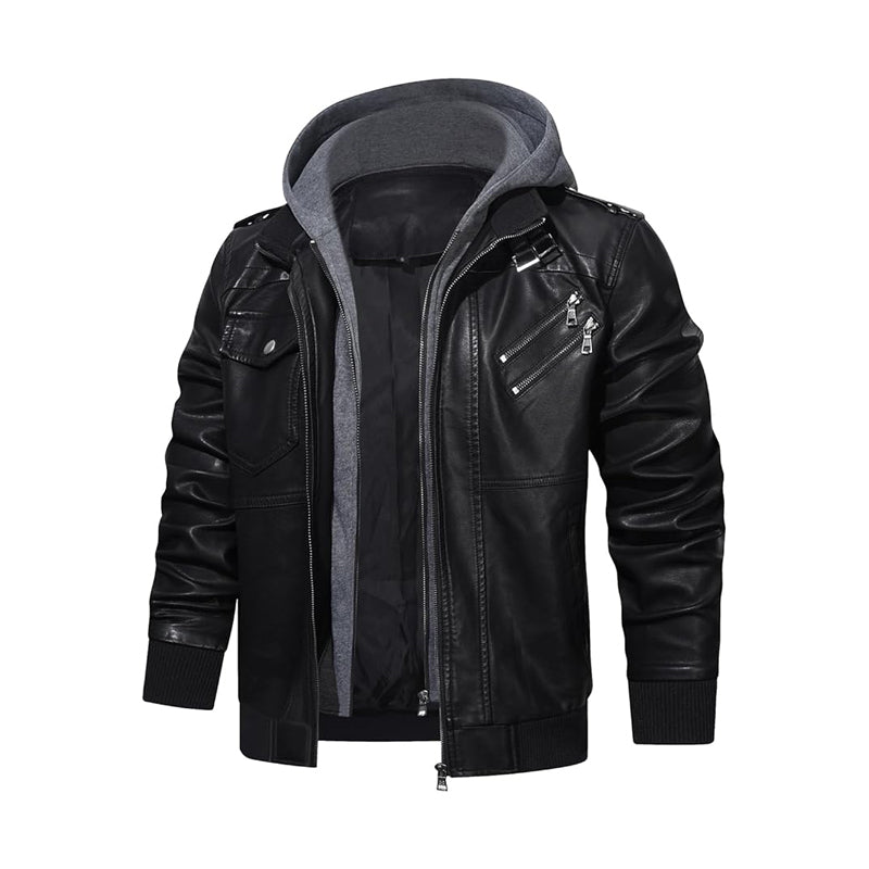HOOD CREW Men's Faux Leather Coat with Detachable Hood – Casual Fashion