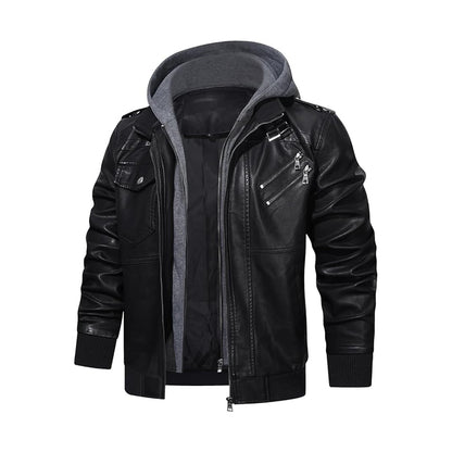 HOOD CREW Men's Faux Leather Coat with Detachable Hood – Casual Fashion